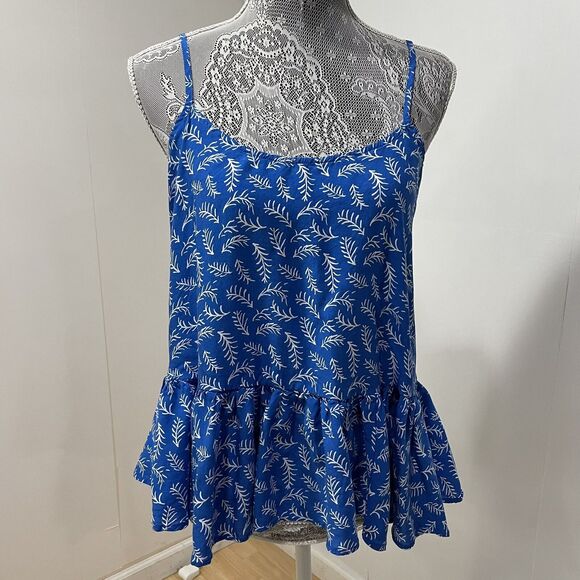 Old‎ Navy Tank Top Womens Medium Blue white Ruffle Hem Cottage core Prairie - Picture 1 of 6